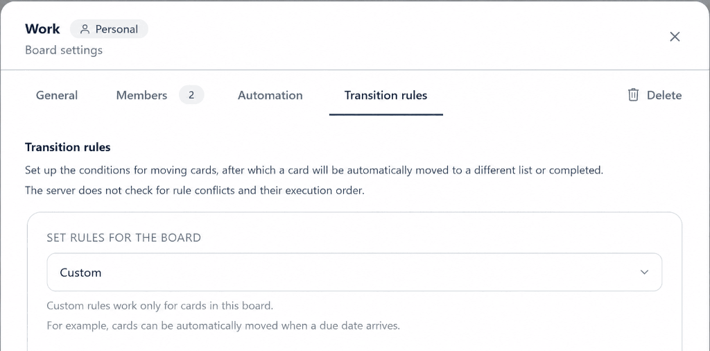 Workflow transition rules in workspace settings